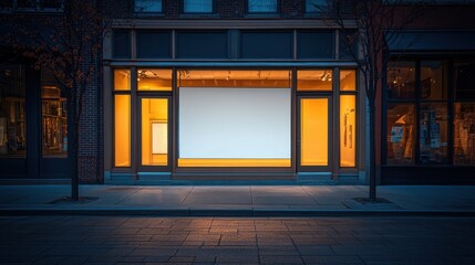 Empty Storefront at Dusk with Blank Display Window, Warm Interior Light, and Urban Street Scene.