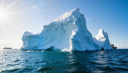 Iceberg floating on ocean with ship