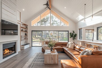 Cozy modern living room with large windows and a warm fireplace in a serene forest setting