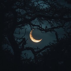 Fototapeta premium Crescent Moon Glows Through Bare Tree Branches at Night