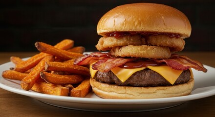 Delicious Bacon Cheeseburger with Onion Rings and Sweet Potato Fries
