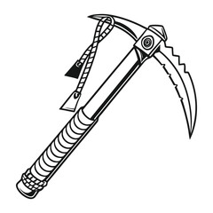 Ice axe illustration, mountaineering tool, climbing equipment, detailed line drawing, black and white illustration isolated on a white background