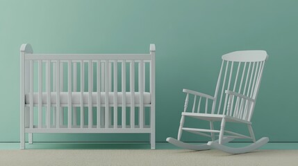 Minimalist Nursery Interior Featuring White Crib and Rocking Chair Against Soft Green Wall