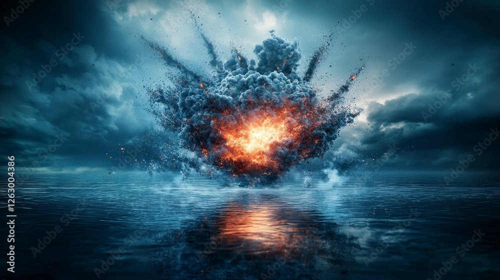 Poster explosive eruption of thoughts ocean surface digital art stormy atmosphere aerial view creative conc