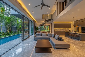 Modern living room with open layout and pool view in a contemporary home design