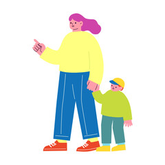 手を繋いでいる親子のフラットデザインイラスト。子育てをする女性と、その子供。家族のベクターイラスト。