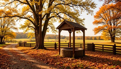 Fototapeta premium Autumn scenery with a wooden well and golden leaves