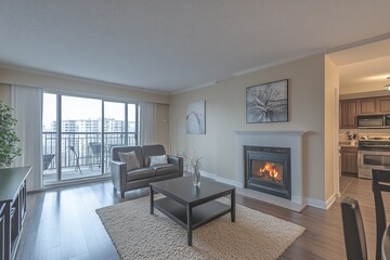 Fototapeta premium Cozy modern living room with fireplace and balcony view in a contemporary apartment
