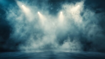 Stage with smoke and light. A concert stage with spotlights. A firework with a white illuminated smoke background. Platform illuminated with fog lifestyle and light.