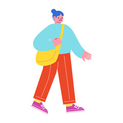 旅行する女性のベクターフラットイラスト。楽しそうに歩くカジュアルなスタイルの女性。