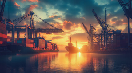 Fototapeta premium Container truck in ship port for business Logistics and transportation of Container Cargo ship and Cargo plane with working crane bridge in shipyard at sunrise, logistic import export and transport