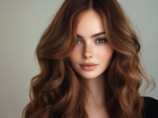 Fototapeta premium Portrait of Beautiful Woman with Long Wavy Brown Hair in Minimalist Fashion Style