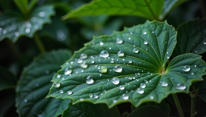 Water droplets on vibrant green leaf