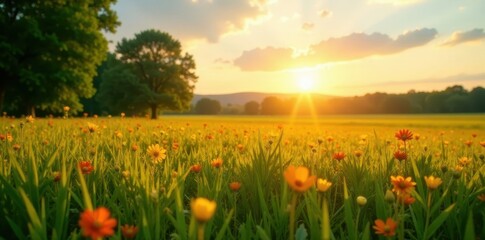 Obraz premium Golden hour blooms, lush green grass, vast empty area, copy space, picture