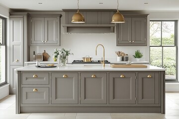 Elegant kitchen design featuring gray cabinetry and gold accents in a bright, well-lit space