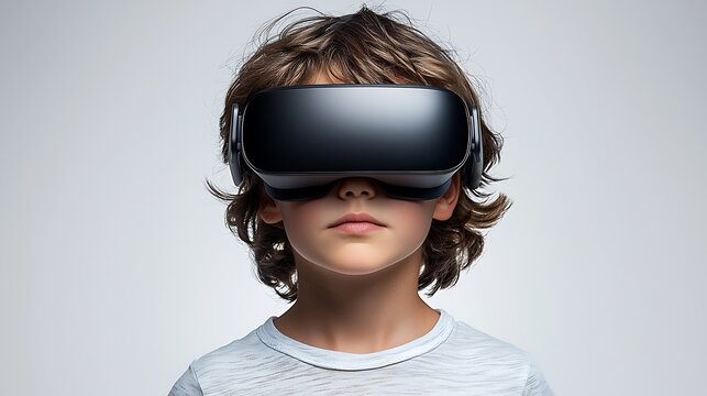 Boy using VR headset, exploring virtual reality against a plain background; technology education