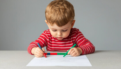 Naklejka premium young boy with curly hair is focused on drawing with colorful markers on paper