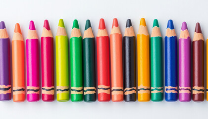 Fototapeta premium Colorful crayons arranged in row, showcasing vibrant hues and textures