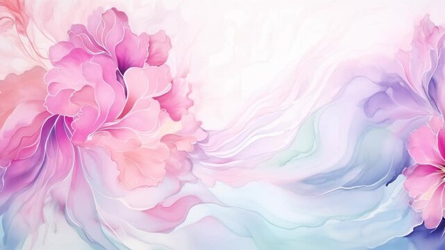 Watercolour transparent video illustration, wild blooming floral pattern, delicate flower, pink, blue and light pink flowers, greeting card template on white background. Fabric wallpaper print texture