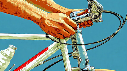 Cyclist adjusting handlebars on vintage bicycle with blue background