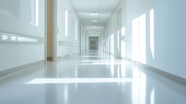 Bright and Empty Hospital Corridor with Clean White Walls and Floor