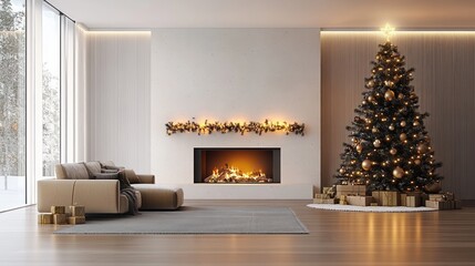 Cozy Minimalist Living Room for Christmas with Modern Sofa and Adorned Tree