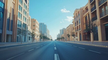 Obraz premium Wide Empty Urban Street with Modern Buildings and Clear Sky