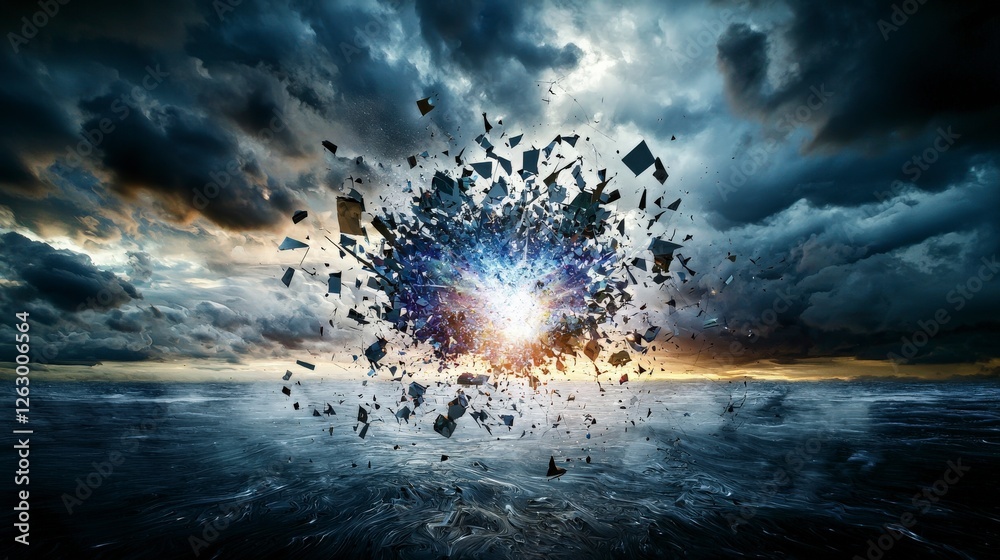 Poster shattered ideas cascading through boundless formlessness ocean horizon digital art dramatic sky abst