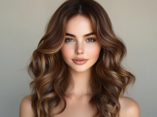 Fototapeta premium Portrait of a beautiful woman with long wavy brown hair in minimalist fashion style with soft natural light