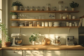 Rustic kitchen shelf with various containers, utensils, and appliances in a sunlit space