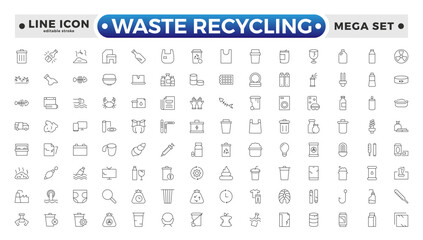 Waste Recycling outline icons. Garbage disposal. Trash separation, waste sorting with further recycling. Plastic bottle, biodegradable trash, junk truck, landfill, paper. Editable stroke outline icon.