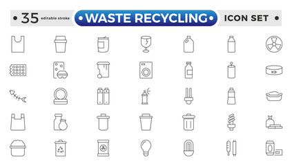 Waste Recycling outline icons. Garbage disposal. Trash separation, waste sorting with further recycling. Plastic bottle, biodegradable trash, junk truck, landfill, paper. Editable stroke outline icon.