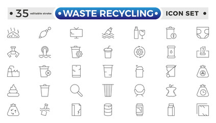 Waste Recycling outline icons. Garbage disposal. Trash separation, waste sorting with further recycling. Plastic bottle, biodegradable trash, junk truck, landfill, paper. Editable stroke outline icon.
