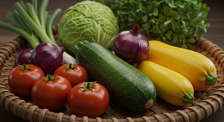 Fresh Vegetables Assortment in Wicker Basket with Zucchini and Tomatoes