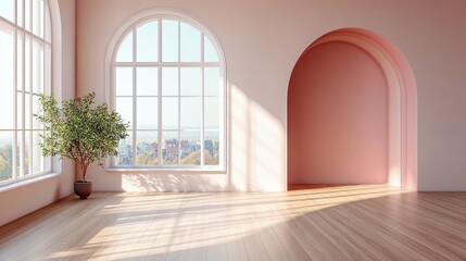 Minimalist Interior Living Room in Soft Pastel Peach Colors with Large Window and Natural Light