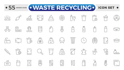 Waste Recycling outline icons. Garbage disposal. Trash separation, waste sorting with further recycling. Plastic bottle, biodegradable trash, junk truck, landfill, paper. Editable stroke outline icon.