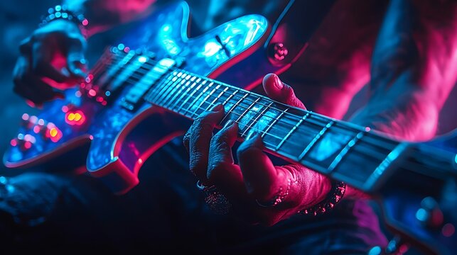 Electric Guitar Under Neon Lights: A close-up of a hand playing a sleek electric guitar under vibrant neon pink and blue lighting, capturing the raw energy and intensity of a live performance.