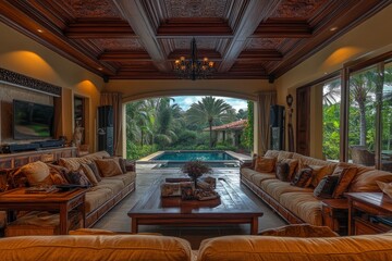 Naklejka premium Luxurious indoor living space with pool view in a tropical villa