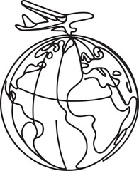 Travel-Themed Earth Globe and Plane Line Art Vector