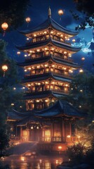 Fototapeta premium Illuminated Pagoda at Night Scenic Asian Architecture
