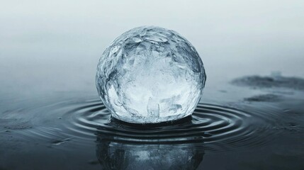 Clear Ice Sphere on Water Surface Creating Ripples in Calm Water