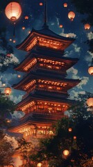 Fototapeta premium Illuminated Pagoda Amidst Floating Lanterns at Night