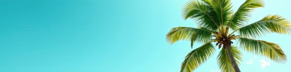 Fototapeta premium Leaning palm, vibrant green fronds against clear sky, exotic, tropical, bright