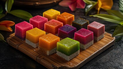 Indonesian kue lapis with colorful layers of rice flour and pandan flavor, presented in a bamboo steamer