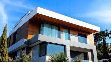 Fototapeta premium An elegant modern home with a minimalist exterior, featuring a blend of wood and concrete, set against a bright blue sky.