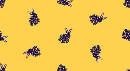 Seamless lovely pattern with rabbits. Easter repeat pattern for decoration and print. Horizontal Easter cute repetition pattern