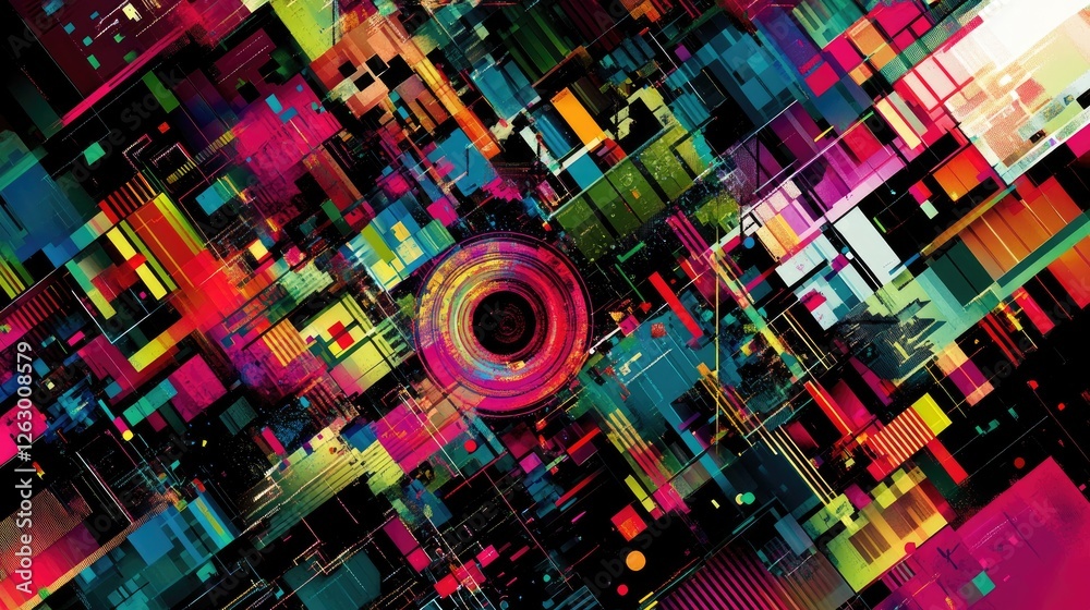 Poster complex, layered digital textures blending to create a multi-dimensional visual with vibrant colors.