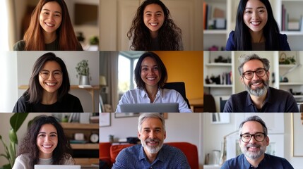 Diverse group of remote workers on a video call, collaborating from cozy home offices, with laptops and coffee mugs visible, natural lighting, candid expressions.