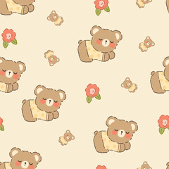 Cute baby bear sleeping with bear toy and flowers on a neutral beige background, kids seamless pattern wallpaper design.