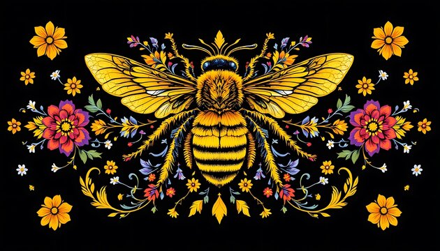 Vibrant Bee and Floral Artwork Print